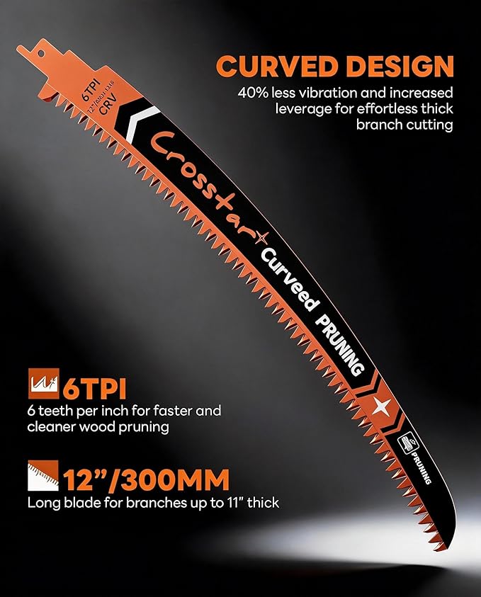 Crosstar 12 Inch Japanese Teeth Arc Edge Reciprocating Saw Blades - 6TPI Wood Pruning Blades for Tree Trimming, Branch Cutting, 5-Pack