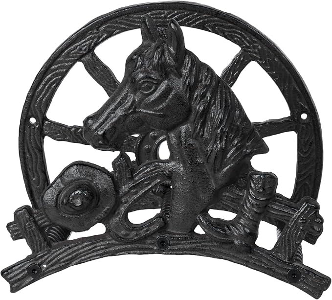 MyGift Horse and Wagon Design Hose Holder, Heavy Duty Cast Iron Outdoor Garden Hose Hanger, Wall Mounted Water Hose Holder Reel with Carriage Theme