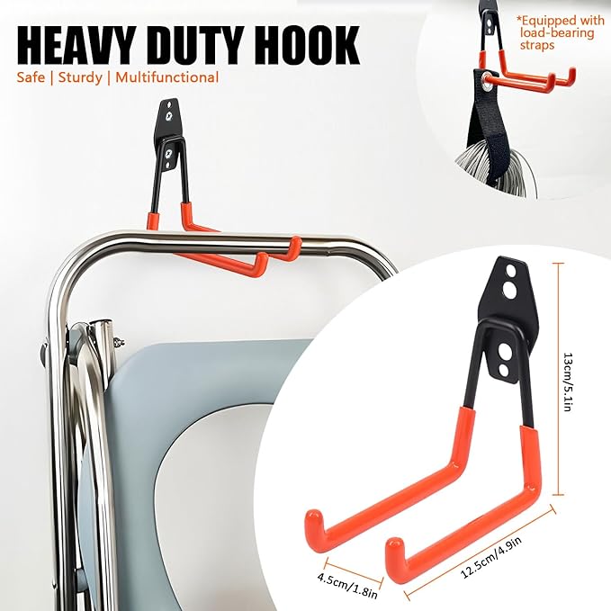 Garage Hooks Heavy Duty，2 Pack Garage Tool Organizer Wall Mount, Utility Steel Garage Storage Hook for Hanging Power and Garden Tools, Ladders, Hose, Bikes, Ropes, Bulk Items