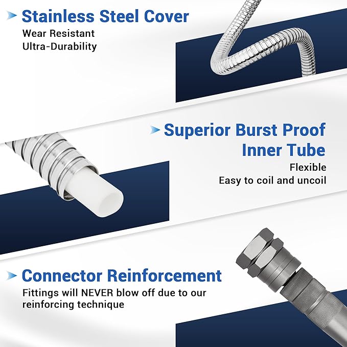 100 FT Stainless Steel Garden Hose – Long Reach 304 Steel Metal Water Hose, No-Kink, Leak-Proof Swivel Fittings, Puncture Resistant, 8-Pattern Nozzle for Large Yards, Driveways, Farm Tasks