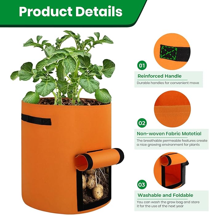 6 Pack Potato Grow Bags, 10 Gallon Planting Bags Large Fabric Pots with Flap Window Vegetable Planter Garden Pot Tall Potato Growing Containers with Handles for Vegetables, Fruits and More, Orange