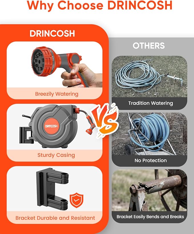 Retractable Garden Hose 155 ft x 1/2 inch Heavy Duty Wall-Mounted Hose Reels 180° Swivel Automatic Slow Return Any Length Lock 9 Pattern Nozzle UV Resistant