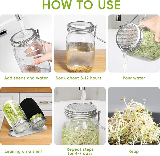 2Pack Sprouting Kit with Stainless Steel Screen Sprouting Lids, Glass Mason Jars, Light-Blocking Sleeves and Brush, Premium Reusable Sprouts Growing Kit for Organic Broccoli Alfalfa Seeds Bean Sprouts
