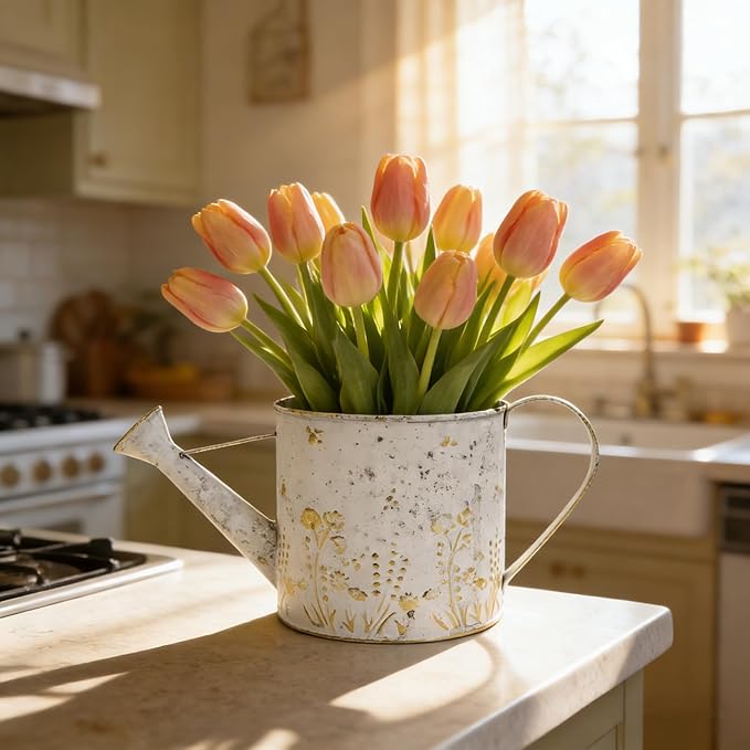 Vintage Metal Watering Can with Floral Embossed Design Garden Distressed White Decorative Watering Pot Planter Rustic Farmhouse Waterer for Home Indoor Outdoor Garden Balcony Courtyard (White#2)