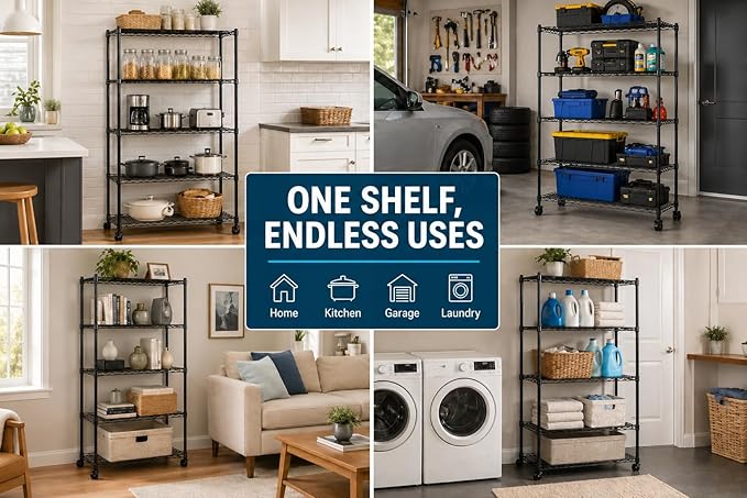 Simple Deluxe 5-Tier Heavy Duty Adjustable Shelf with Wheels, 23.23”W x 13.39”D x 59.45”H,Metal Storage Rack, Easy Tool-Free Assembly for Garage, Warehouse, Basement, Laundry, Black