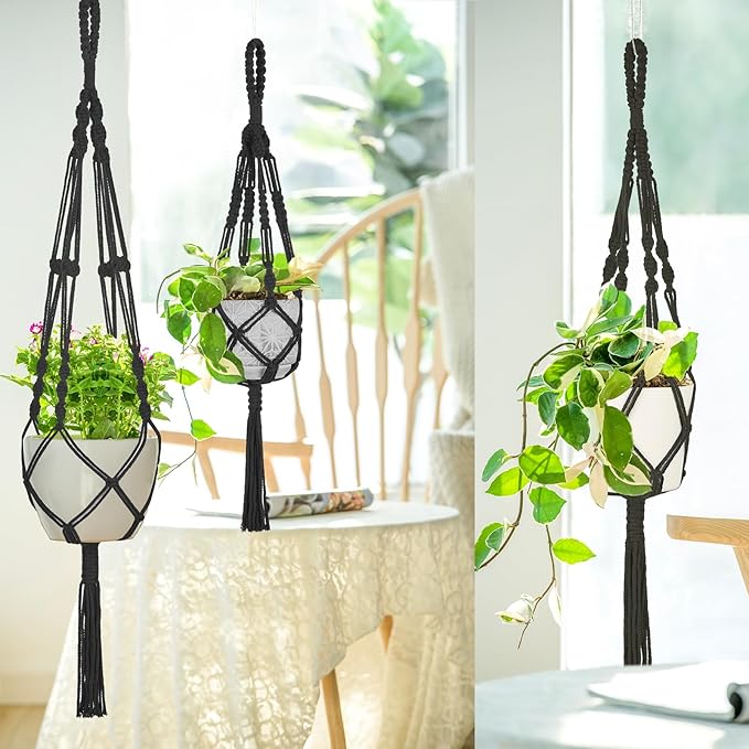 Mkono 3 Pack Macrame Plant Hangers, Different Sizes Hanging Planters Indoor Basket Decorative Flower Pots Holder Stand Boho Home Decor, Black