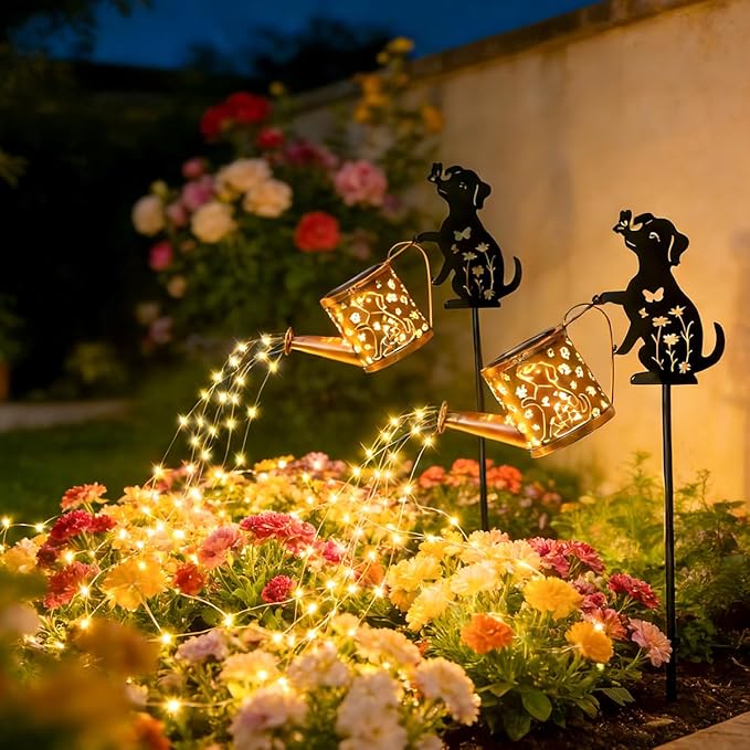 Outdoor Solar Dog Garden Decorative, 2 Pcs Solar Watering Can with Light, Featuring Metal Dog Statue Silhouette Stake, Day Gift for Women, for Outside Landscapes, Lawn, Garden Path Decoration