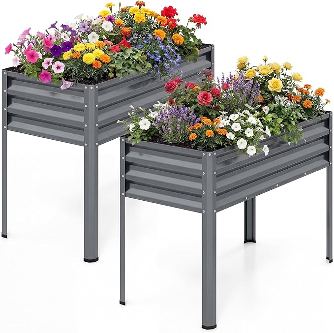 Giantex Raised Garden Bed with Legs 2 Pacs, 44" x 22" x 32" Metal Large Elevated Planter Box for Vegetable Flower Fruit Herb, Heavy Duty Outdoor Gardening Planter for Backyard Patio Balcony, Gray