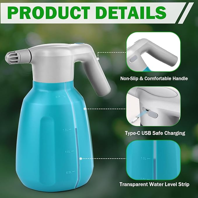 Electric Spray Bottle 2L/0.5 Gallon Plant Mister, Automatic Watering Can Rechargeable Battery Powered Garden Sprayer with Adjustable Nozzle for Plants Fertilizing,Weeding and Cleaning