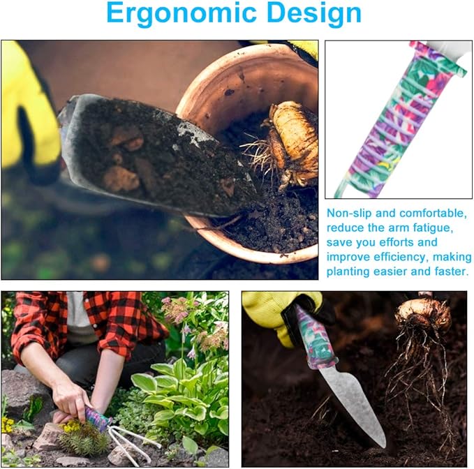 Jhua Garden Tool Set, 10 Pieces Gardening Tools Kit with Purple Flower Print, Ergonomic Handle Trowel Rake Weeder Pruner Shears Sprayer, Garden Hand Tools with Carrying Case Gardening Gifts for Women