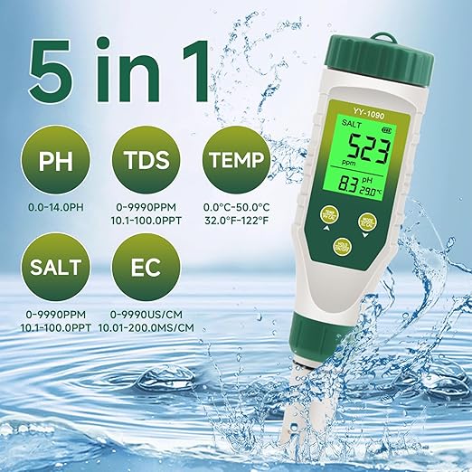 PH Meter & TDS Meter 5 in 1 Water Tester pH/TDS/EC/Salt/Temp Meter,PH Meter for Water with LCD Backlit,pH Tester Digital for Drinking Water.