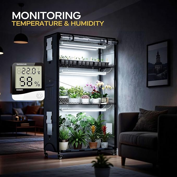 Indoor Greenhouse with Grow Light, 4-Tier Enclosed Plant Stand for Year-Round Indoor Gardening, 600D Oxford Cloth Cover, 6 Sets 3-Color Grow Light, Timer Plug & Hygrometer, 36" Wx 14" D x 63" H