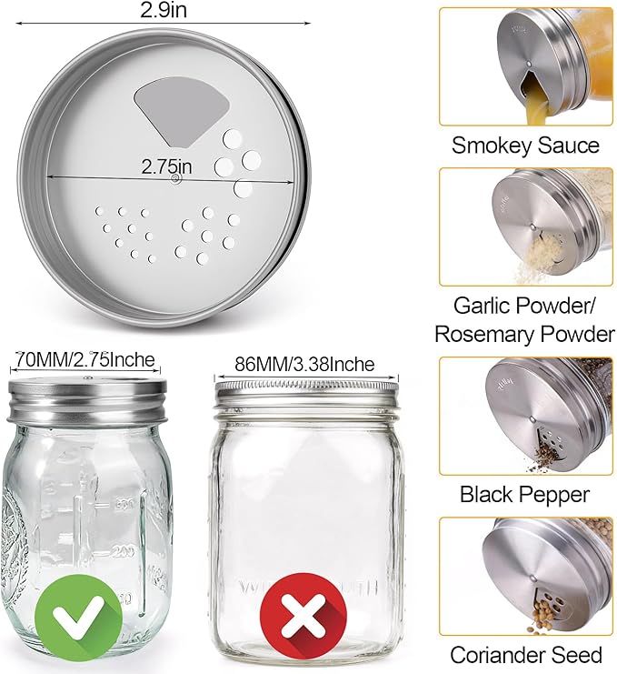 Palksky Mason Jar Spice Shaker Lids Stainless Steel, 8 Pack Regular Mouth Mason Canning Cap for Spices Coriander Seed Garlic/Rosemary Powder, Adjustable Tops Pour Spout Seasoning Shaker Dispenser