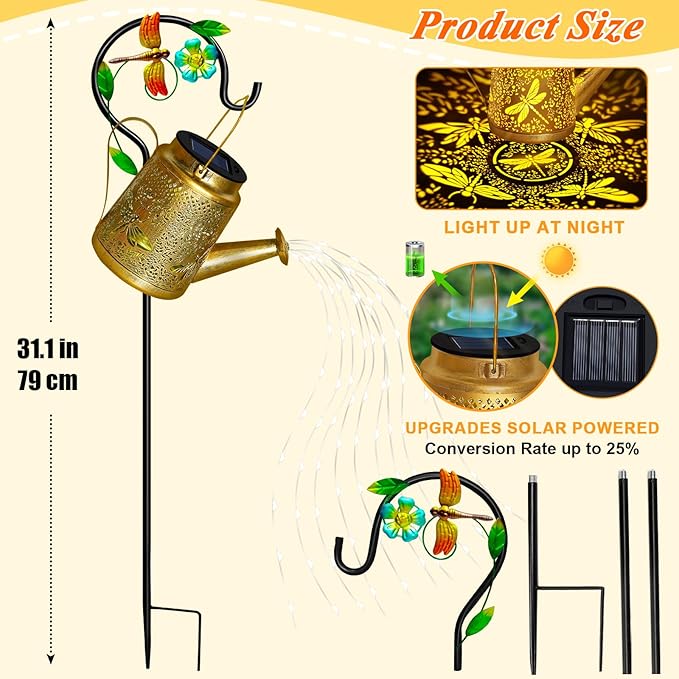 Solar Lanterns Dragonfly Outdoor Garden Decor, Mothers Day Gifts for Women Mom Grandma Birthday, Large Frog Hanging Watering Can with Shepherd Hook, Waterproof Garden Lights for Outdoor Yard
