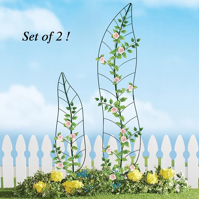 Garden Trellis Plant Support Trellis Green Leaf Trellis Garden Decoration for Climbing Vines Floral Metal Trellis Set of 2（Green）