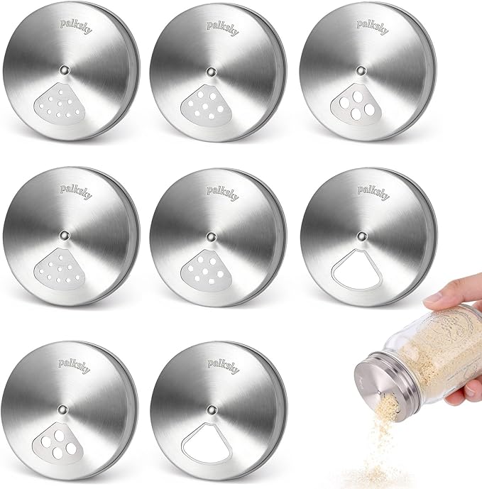 Palksky Mason Jar Spice Shaker Lids Stainless Steel, 8 Pack Regular Mouth Mason Canning Cap for Spices Coriander Seed Garlic/Rosemary Powder, Adjustable Tops Pour Spout Seasoning Shaker Dispenser