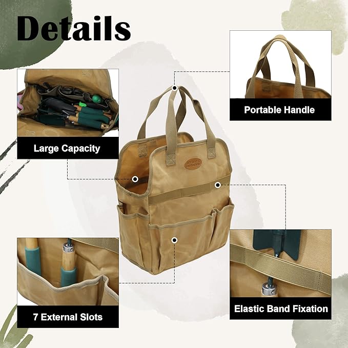 Waxed Canvas Utility Tote Bag, Large Capacity Multi-Pocket Garden Tool Bag, Heavy Duty Waterproof Work Tote for Camping, Gardening, Organizer Storage Bag for Men Women (Khaki)