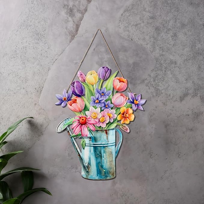Quterhero Watering Can Flower Wall Decor, Metal Hanging Art for Indoor Outdoor Wall or Porch, Vintage Farmhouse Porch Decor Gift for Mom, Women, Friends (Tulip)