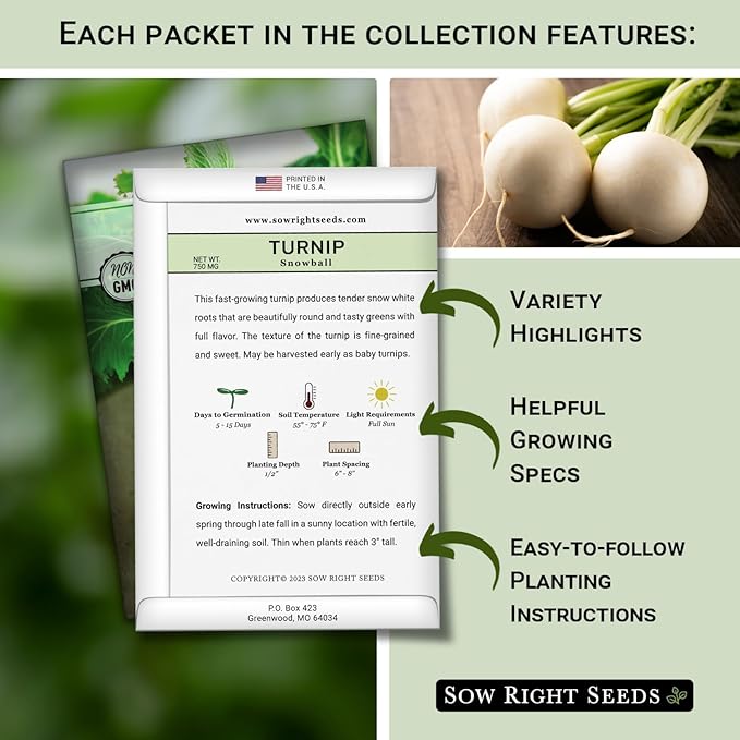 Sow Right Seeds - Collection of Turnip Seeds for Planting - Non-GMO Heirloom Packet with Instructions to Plant & Grow an Outdoor Home Vegetable Garden - 2 Varieties Include Purple Top & Snowball