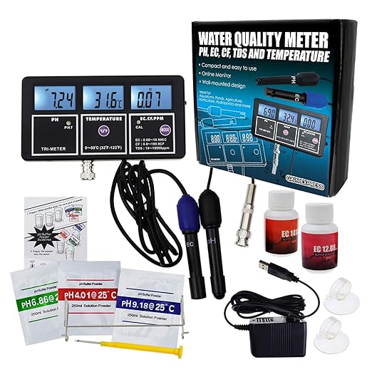 5-in-1 Water Quality Multi-Parameter PH EC CF TDS (ppm) Temperature Test Meter Backlight, Wall-mountable Rechargeable Continuous Monitor Tester, Aquariums Hydroponics Pool Fish Tank Pond Drinking