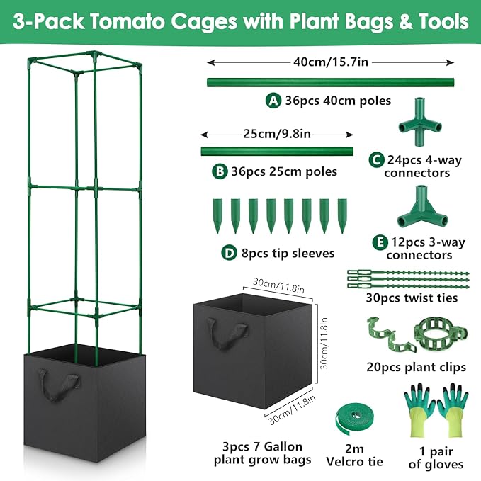3 Pack Tomato Cages for Garden, Square Tomato Trellis with Grow Bags, 49 IN Tall Heavy Duty Tomato Plant Stakes Support Cages Trellis for Raised Beds Pots Garden Climbing Vegetables Flowers Fruits