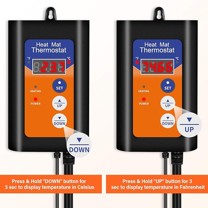 iPower Digital Heat Mat Thermostat Temperature Controller for Seed Germination Rooting Reptiles and Brewing Breeding Fermentation Incubation Greenhouse, 1000W-Orange, Black