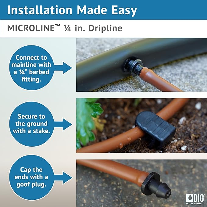 DIG ML-112B ¼” 100’ MICROLINE™ Dripline, 12” Dual Outlet Emitter Spacing, UV-Resistant Tubing for Efficient Irrigation | Ideal for Raised Beds | Flexible, Durable, Easy Installation (Brown)