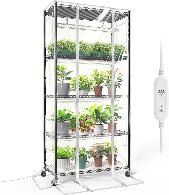 Bstrip Indoor Greenhouse with Grow Light, Mini Green House with 4 Pack T8 Full Spectrum Plant Lights with Timer, Indoor Greenhouse Cabinet for Indoor Plant, Seed Starting, Seed Tray, 29.5"x13.8"x59"
