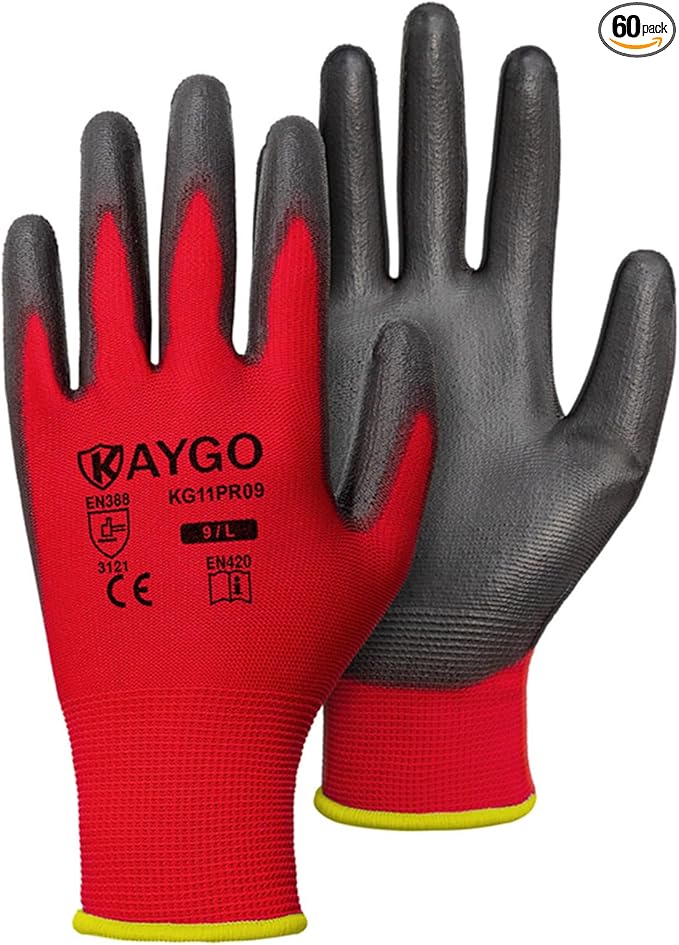 KAYGO Work Gloves for Men and Women, 60 Pairs Seamless Knit PU Coated Safety Gloves, with Smooth Grip on Palm and Fingers, Ideal for Light Warehouse, Manufacturing, Gardening, KG11P (L, Red)