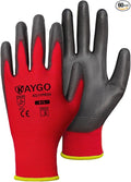 KAYGO Work Gloves for Men and Women, 60 Pairs Seamless Knit PU Coated Safety Gloves, with Smooth Grip on Palm and Fingers, Ideal for Light Warehouse, Manufacturing, Gardening, KG11P (L, Red)