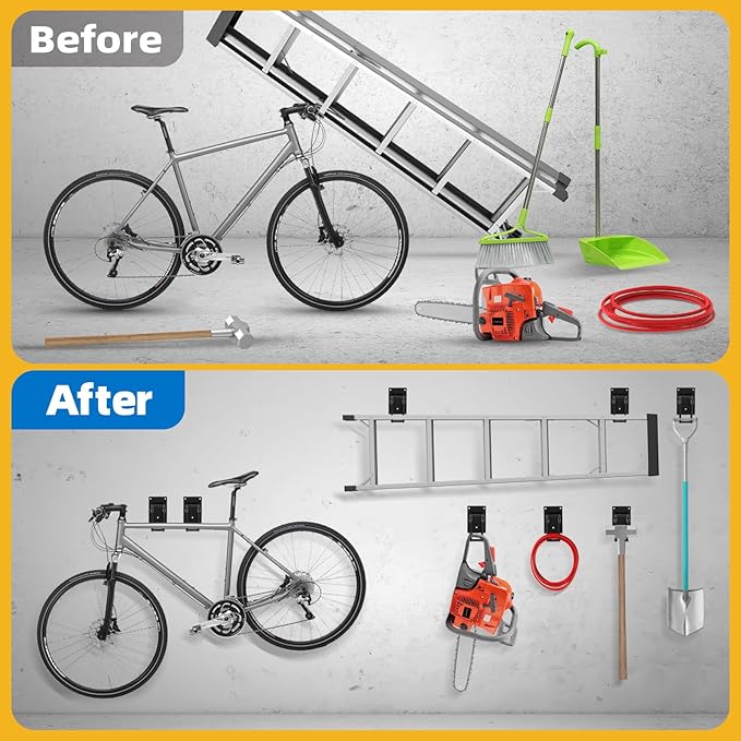 8 Pack Garage Hooks Heavy Duty 10 INCH Two-Tier Steel Shed Wall Mount Workshop Garage Storage Organizer Hooks for Hanging Garden Tool, Hose, Ladder, Chairs, Bikes with Anti-Slip Coating