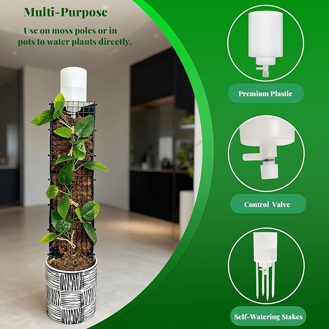 Adjustable Moss Pole Watering Dripper Pro - Self Watering Planter Insert with Flow Control, Plant Watering Globes & Devices, Slow-Release Self Watering Spikes for Monstera/Epipremnum (4, White)