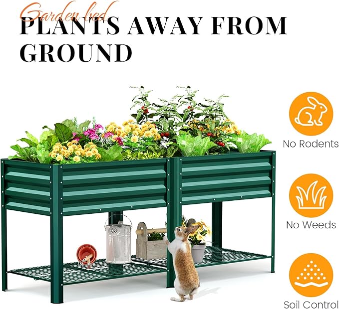 KING BIRD Large Raised Garden Bed with Legs & Storage Shelf Galvanized Elevated Planter Box for Backyard, Patio, Balcony, 600lb Capacity, Green 70.9x22.8x31.5 in