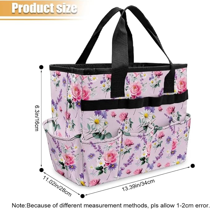 Rose Daisy Garden Tool Bag Portable Gardening Tool Organizer Bag with 10 Pockets and Handle Tool Carrier and Storage for Garden Lawn Yard Casual Camp