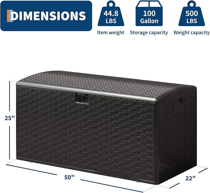 GarveeLife 100 Gallon Outdoor Storage Box, Large Resin Deck Box with Hydraulic Air Rod, Weatherproof & Lockable Outdoor Storage Bin for Patio Cushions, Garden Tools, Pool Supplies, Porch, Black
