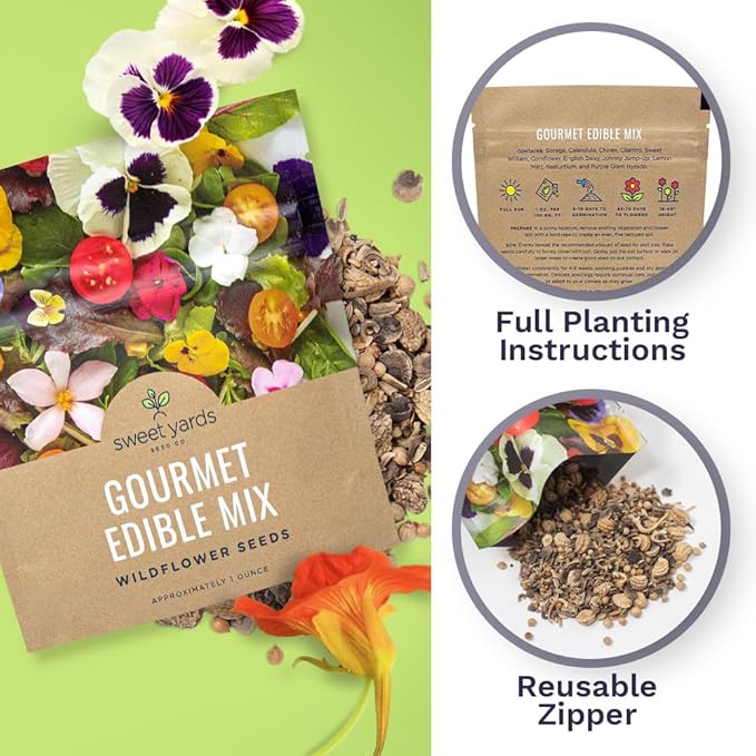 Wildflower Seeds Edible Flowers Mix - 1 Ounce Over 7,000 Open Pollinated Annual and Perennial Seeds