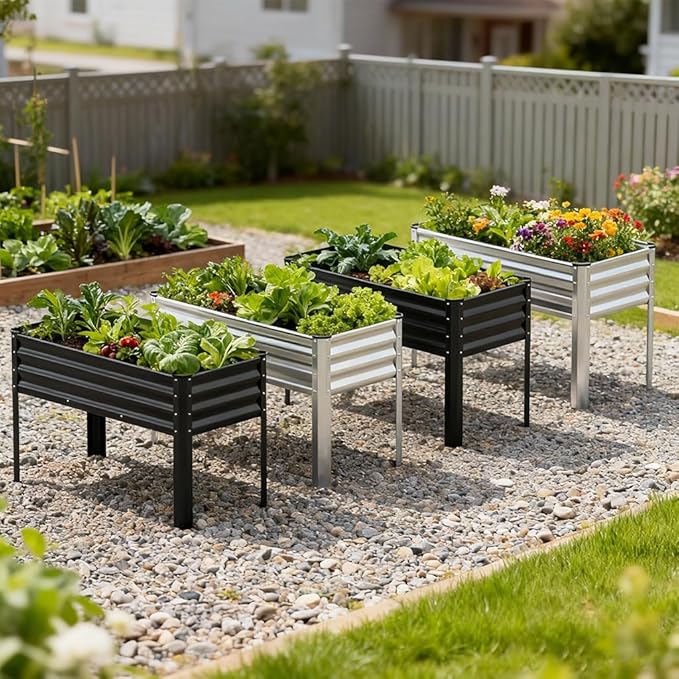 COMHOMA 2 Pack Raised Garden Bed with Legs 4x2x2.5ft,Large Elevated Galvanized Metal Planter Box with Drainage Holes,Outdoor Growing Kit with Gloves Tools for Backyard Patio Lawn,Sliver