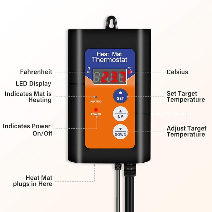 iPower Digital Heat Mat Thermostat Temperature Controller for Seed Germination Rooting Reptiles and Brewing Breeding Fermentation Incubation Greenhouse, 1000W-Orange, Black