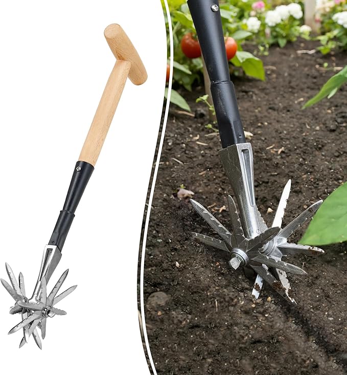 Colwelt Manual Rotary Cultivator, Single-Tine Aluminum Cultivators for Gardening, Garden Hand Tiller Manual with Ergo Wooden t-Handle, Hand Held Cultivator Tool For Flower Beds Cultivate, Aerate, Weed