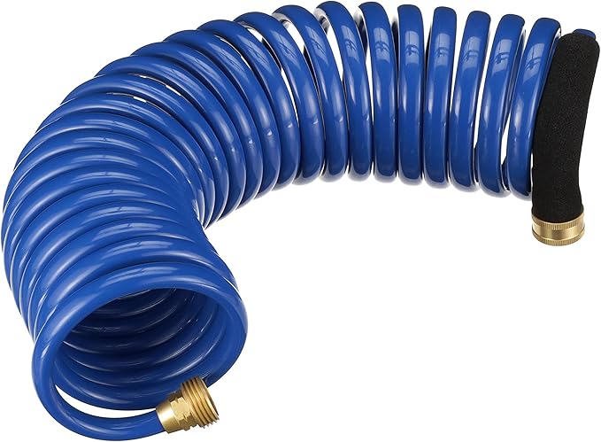 Attwood 11871-7 Spiral Watering Hose — Weatherproof, Kink-Free, 25 Feet Long, ¾-in. End Fittings, 3/8-In. Interior Diameter, Blue