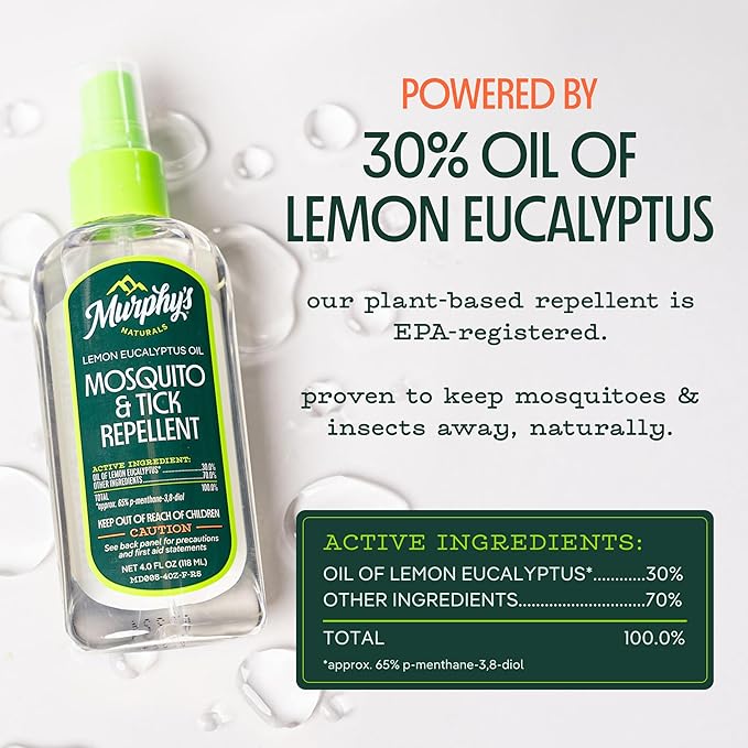 Murphy's Naturals Mosquito & Tick Bug Repellent Spray, Oil of Lemon Eucalyptus for Skin + Outdoor Gear, 4 Ounce Pump, 2-Pack