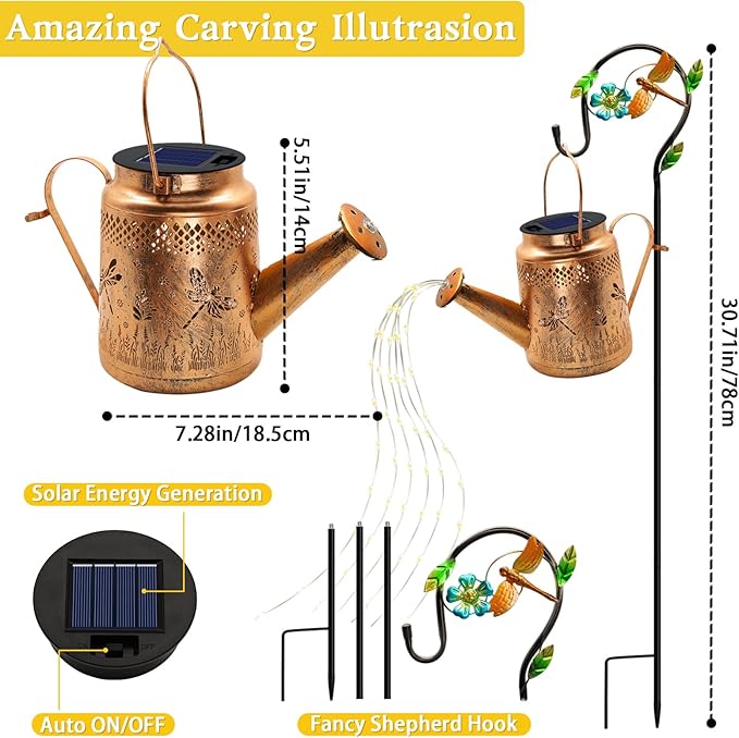YJFWAL Solar Dragonfly Watering Can Lights for Mom, Grandma, Wife, Daughter & Every Woman, Outdoor Garden Decor with Shepherd Hook, Hanging Lights for Patio, Yard, Porch, Backyard