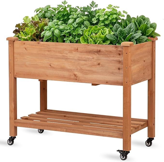 Raised Garden Bed with Lockable Wheels, 40x24x32 inch Elevated Wood Planter with Storage Shelf Protective Liner for Vegetable Flower Herb Outdoor Balcony Patio Backyard, Brown