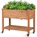 Raised Garden Bed with Lockable Wheels, 40x24x32 inch Elevated Wood Planter with Storage Shelf Protective Liner for Vegetable Flower Herb Outdoor Balcony Patio Backyard, Brown