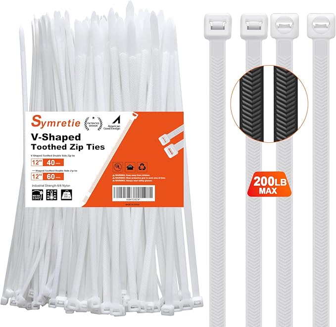 12"─-shaped & V-shaped double-sided tooth zip ties white. ─: 100lbs, V: 200lbs tensile strength. Heavy-duty, self-locking, adjustable, durable nylon ties for indoor/outdoor use. (40V+60─)