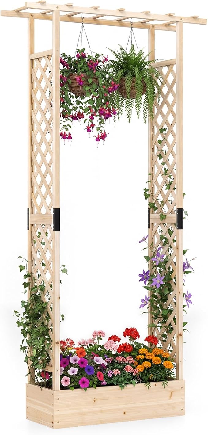 S AFSTAR Raised Garden Bed with Trellis, 2-in-1 Fir Wood Planter Box with Flat Roof & Drainage Holes, Vertical Planter Raised Bed for Climbing Plants, Flowers & Vegetables, 43" x 14" x 89" (Natural)