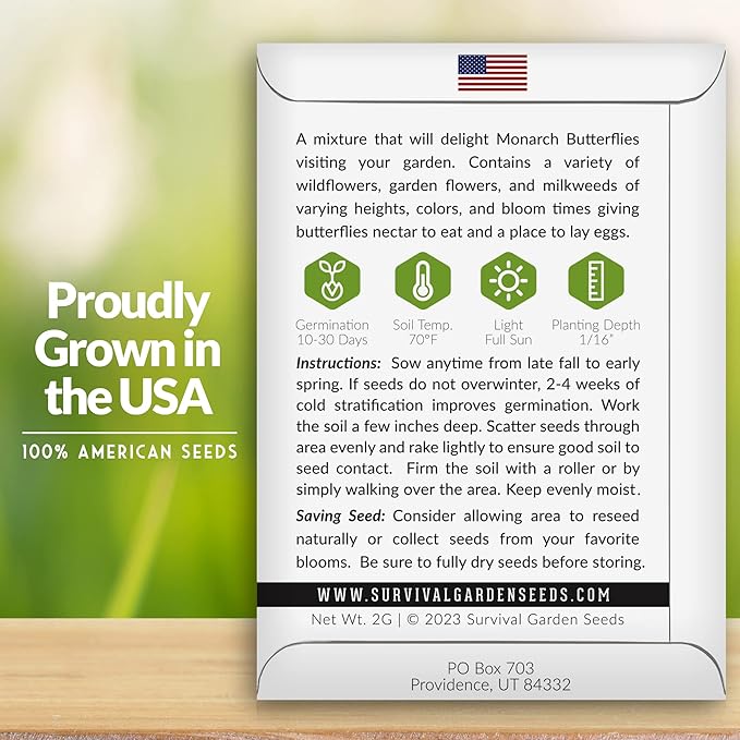 Pollinator Seed Mixture to Attract Monarch Butterflies, Bees & Pollinators - 2 Packets - Milkweed, Garden Flower, & Wildflower Mix for Planting - Support Conservation Efforts - Survival Garden Seeds