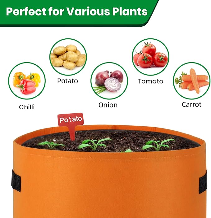 6 Pack Potato Grow Bags, 10 Gallon Planting Bags Large Fabric Pots with Flap Window Vegetable Planter Garden Pot Tall Potato Growing Containers with Handles for Vegetables, Fruits and More, Orange
