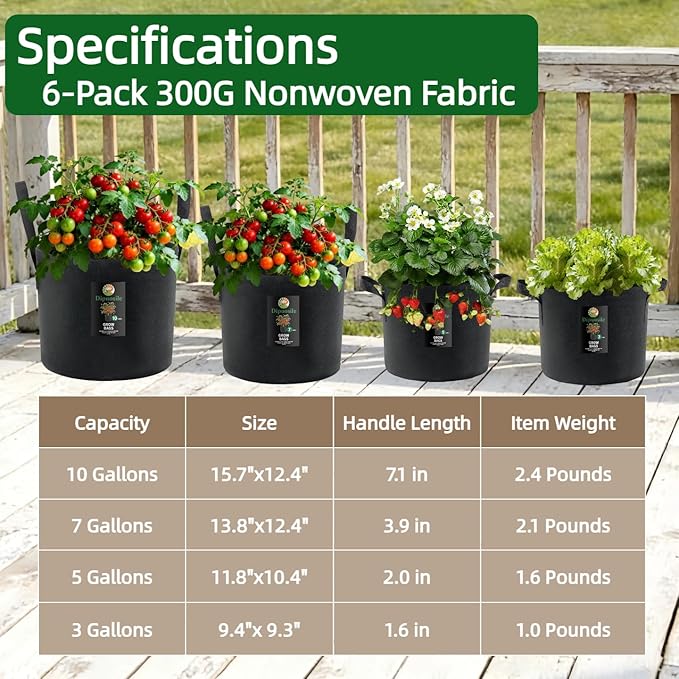 Dipuosile 6-Pack 7 Gallon Grow Bags Extra-Long Handles, Heavy Duty 300G Thickened Nonwoven, Fabric Growing Bags for Tomato, Potato,Vegetables, and Flowers