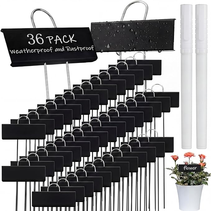 Maitys 38 Pcs Metal Garden Markers Plant Label Stakes Outdoor Weatherproof 10.6 Inch Stainless Steel Nursery Tags Bulk with Pens (Black Label with White Ink)